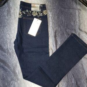 NWT Dark Rewashed Denim Floral Diamond Straight Leg Stretch Jeans